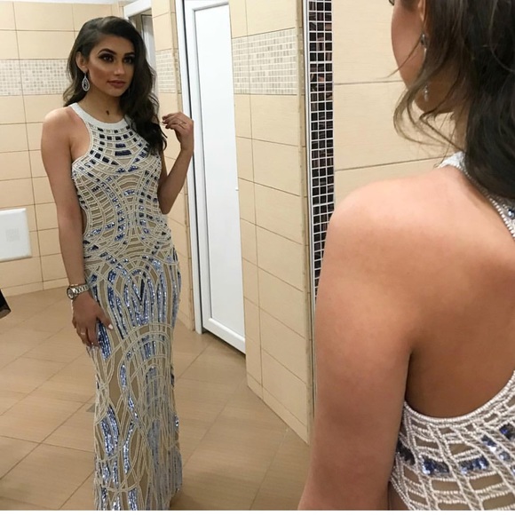 NUDE and BLUE BEADED PROM DRESS - Picture 1 of 1